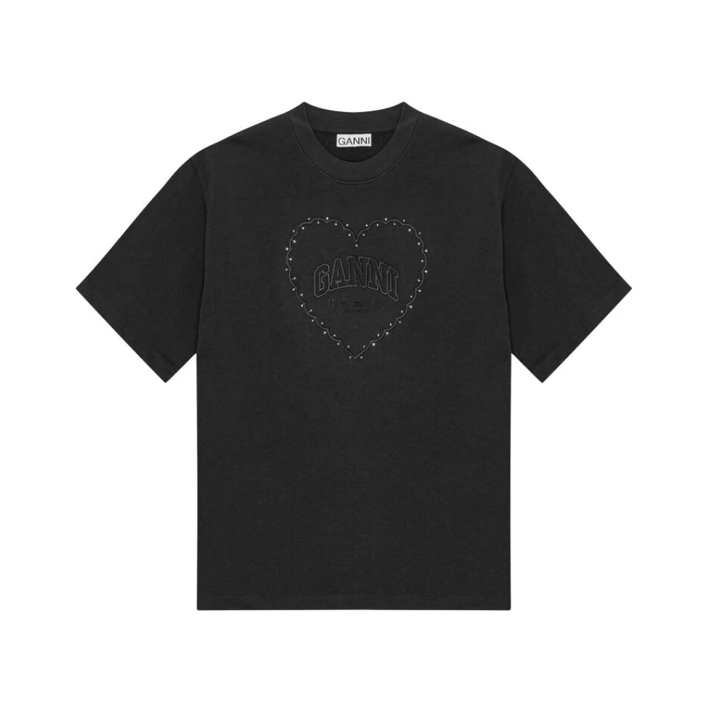 Ganni Broderad Slogan Bomull T-shirt Black, Dam