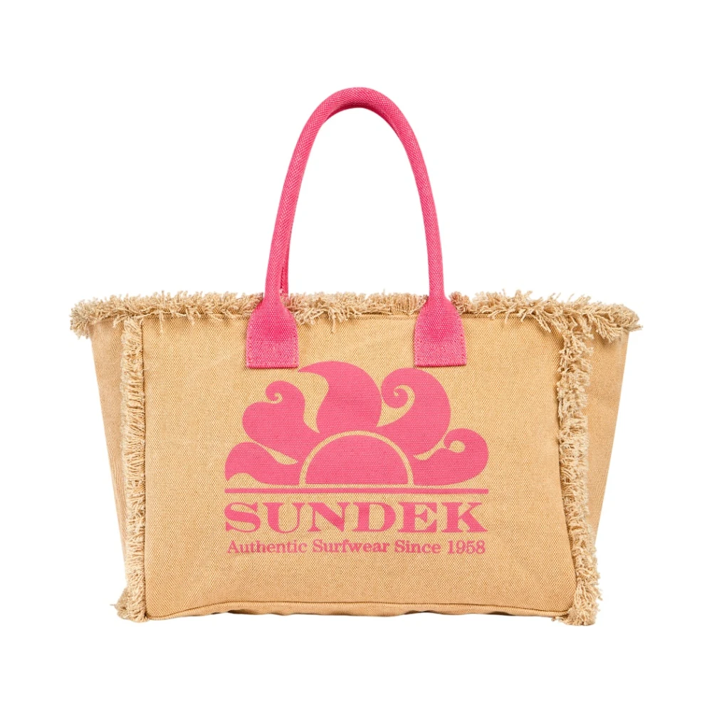 Sundek Women's Brown Beige Beach Bag With Pink Handles - Shopping Bags - One Size - Bags