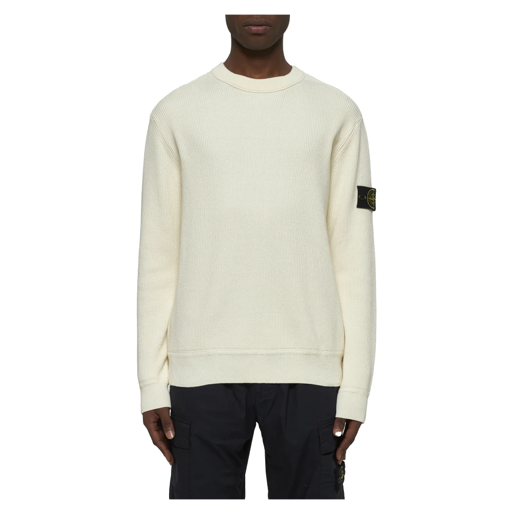 Stone Island Geribbelde Crewneck Katoenen Trui Ivoor White Heren