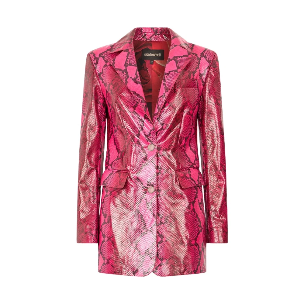 Roberto Cavalli Red Leather Jackets, Female, M, Shiny Python-Print Jacket