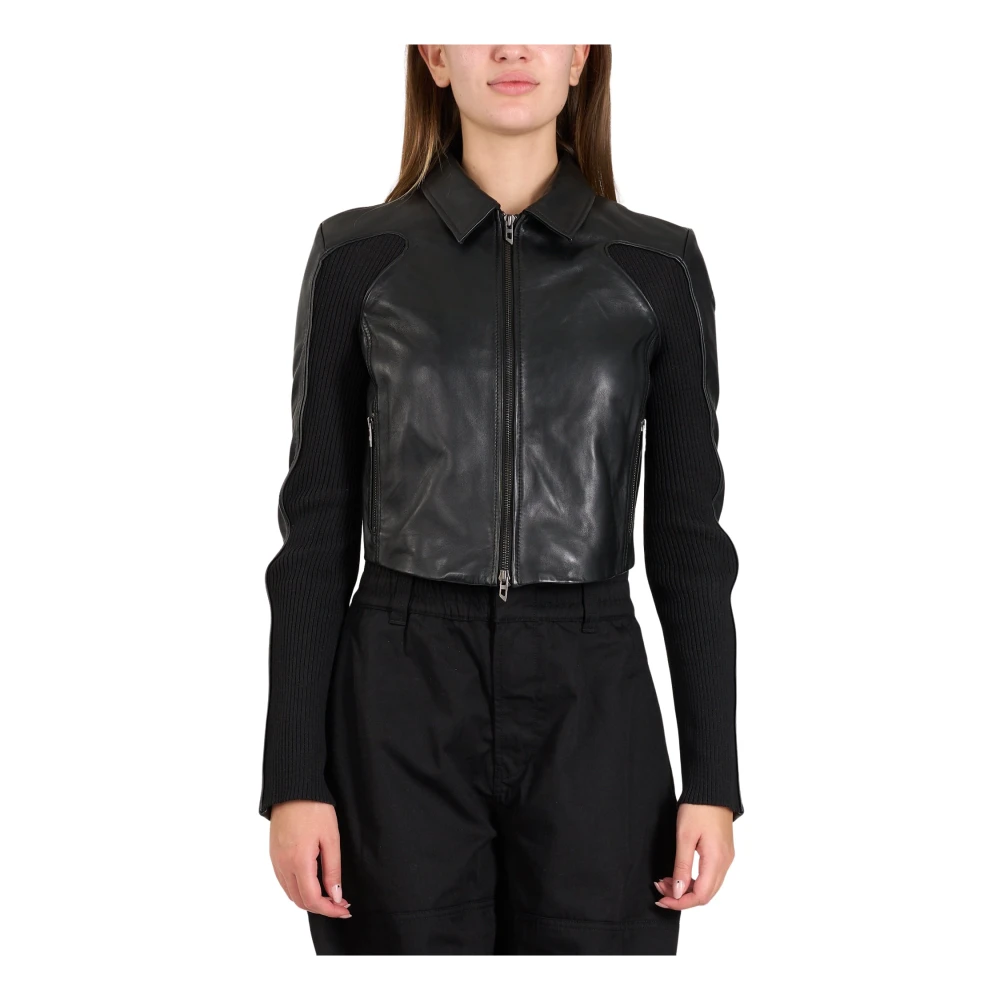 Diesel Geknipte leren jas met gebreide panelen Black Dames