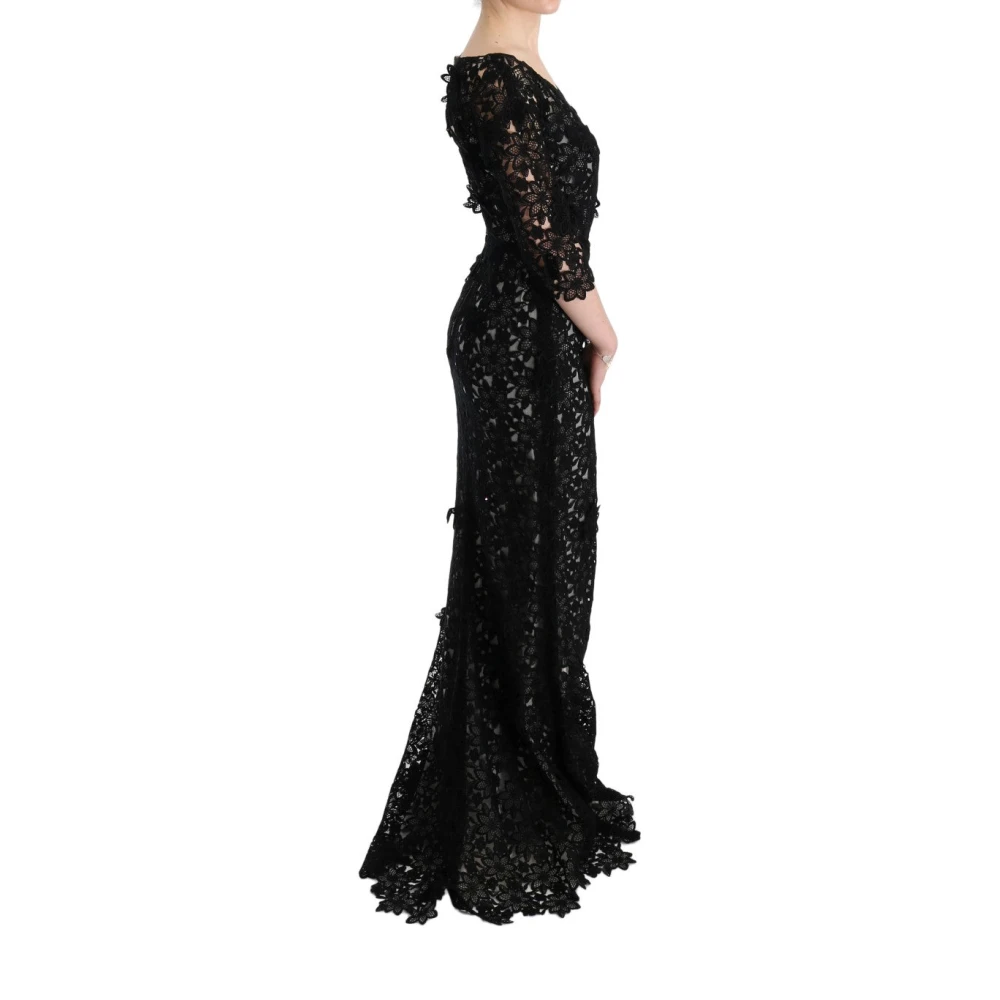 Dolce & Gabbana Elegante Zwarte Maxi Jurk met Bloemenapplicatie Black Dames