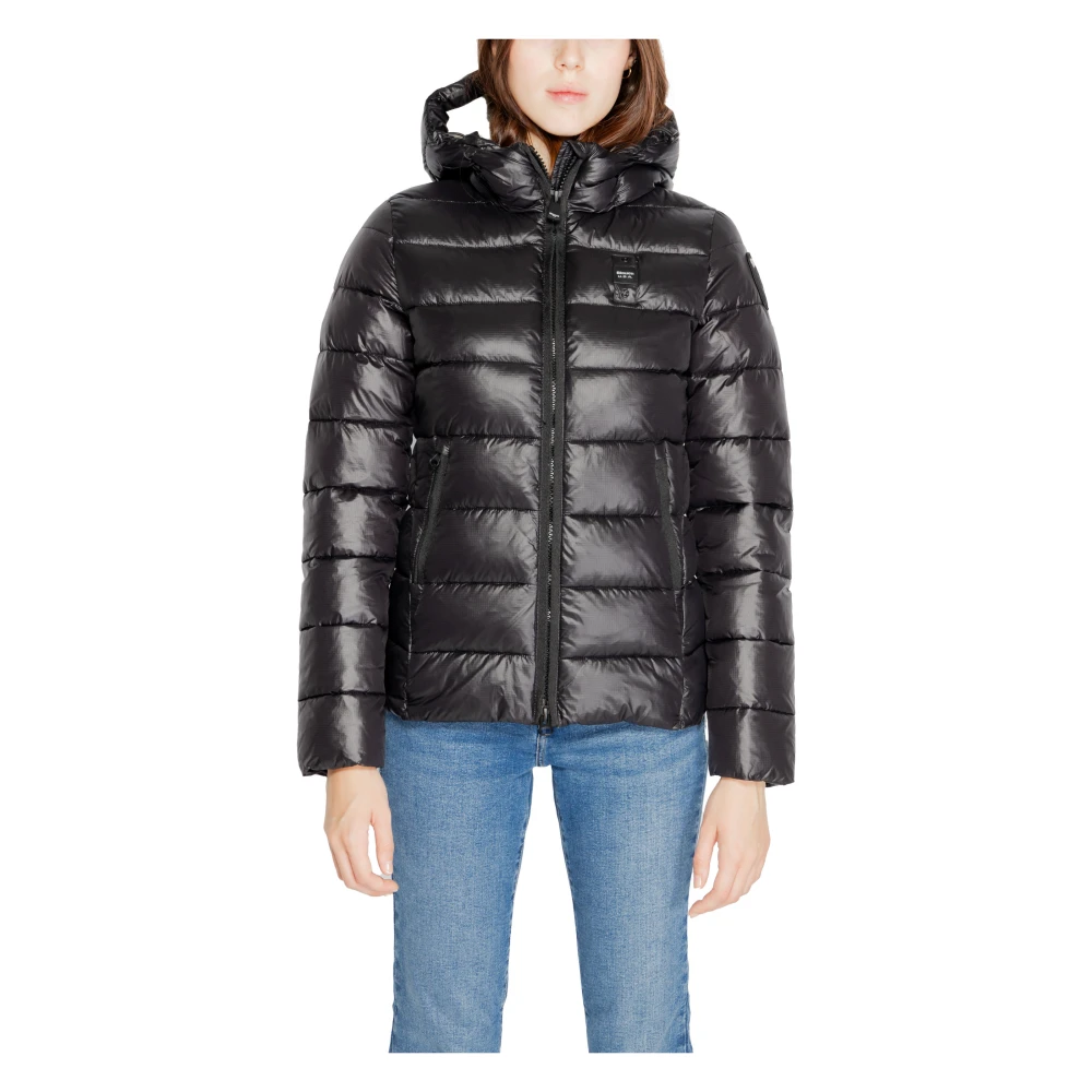 Blauer Zwarte Winterjas met Capuchon en Zakken Black Dames