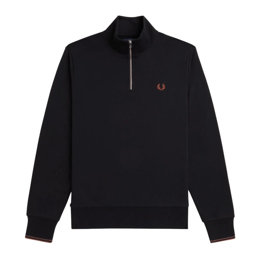 Fred Perry Halv Zip Bomull Jersey Tröja Black, Herr