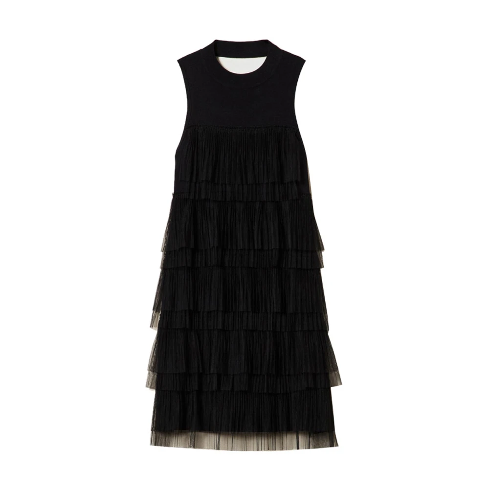 Twinset Elegante Zwarte Jurk met Tule Ruches Black Dames