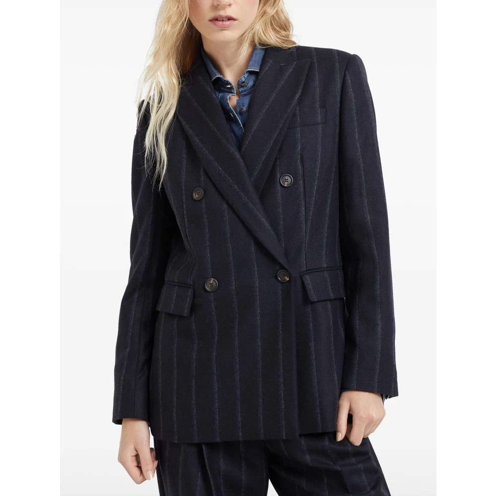BRUNELLO CUCINELLI Blauw Gestreept Dubbel-Breasted Blazer Jas Blue Dames