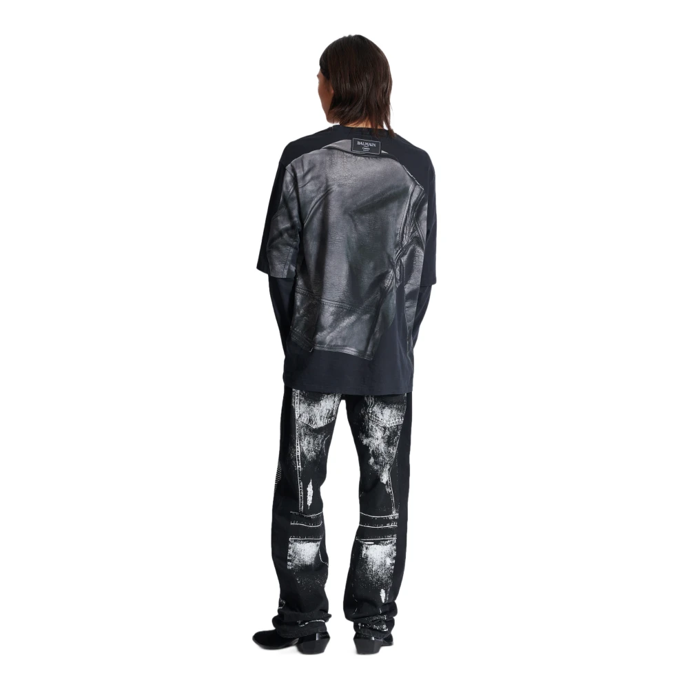Balmain Leather Trompe L`Œil LS T-Shirt Black Heren