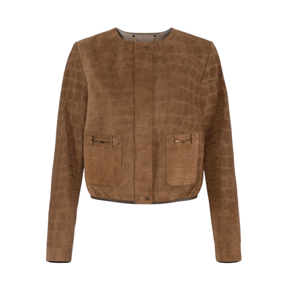 Elisabetta Franchi Brown Leather Jackets, Female, S, Alligator-Print Suede Jacket