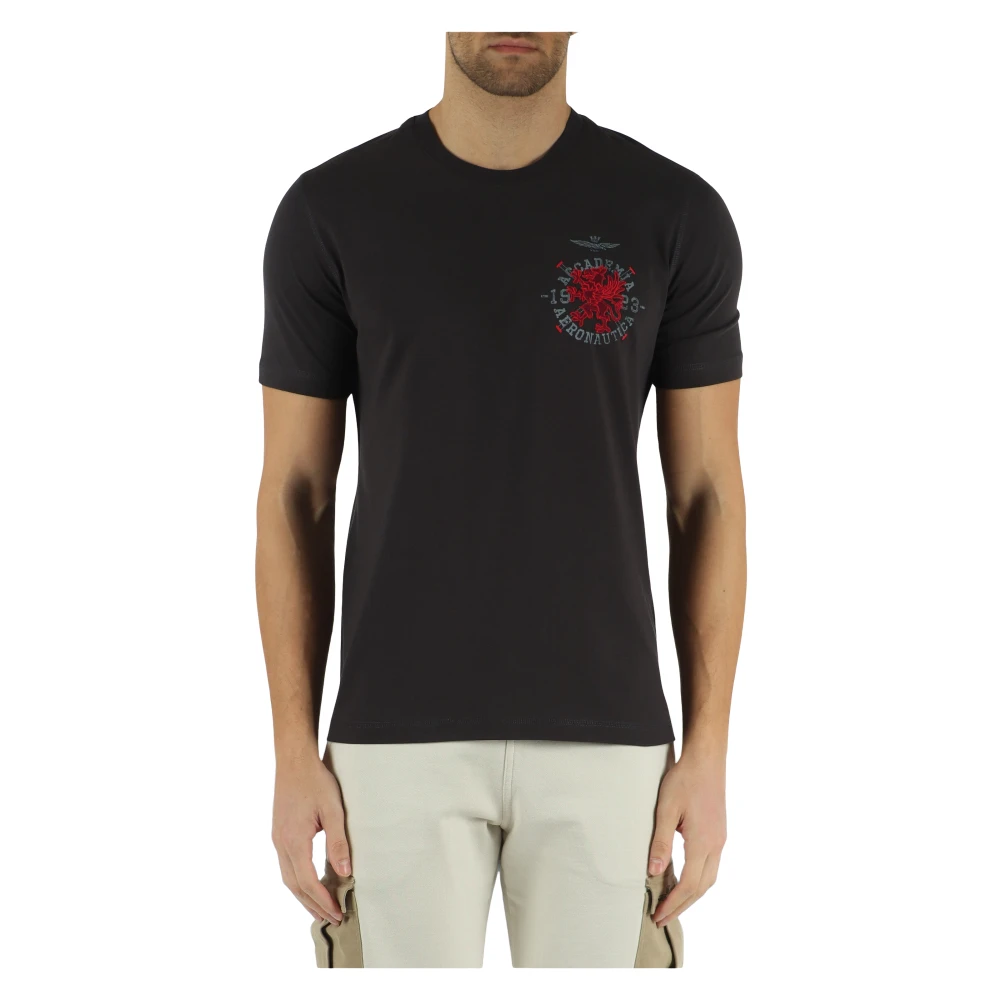 Aeronautica militare Katoenen T-shirt met Voorlogo Borduursel Black Heren