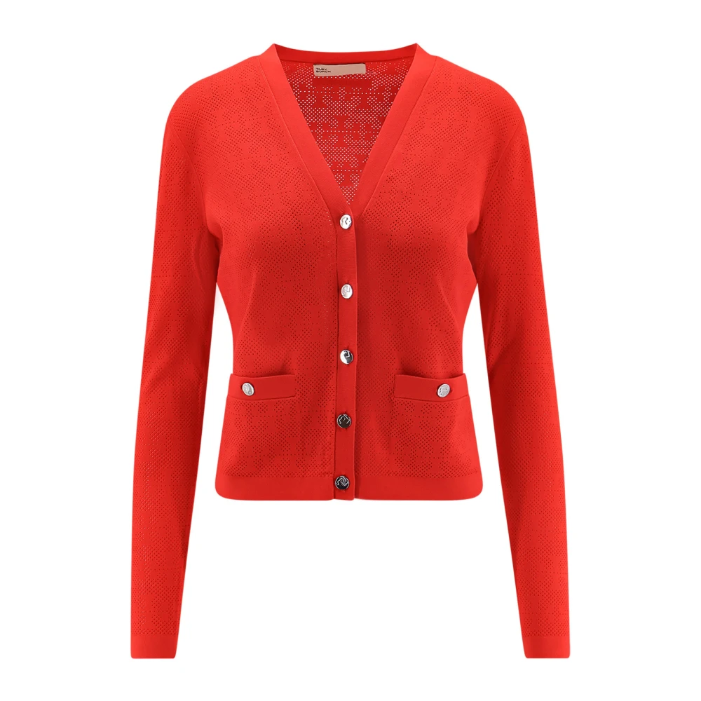 Tory Burch Women's Red V-Neck Jumper With Logo Buttons - Cardigans - S - Knitwear