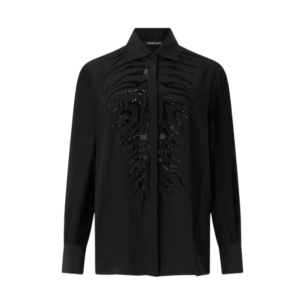 Roberto Cavalli Women's Black Tiger Skin Sequined Silk Shirt