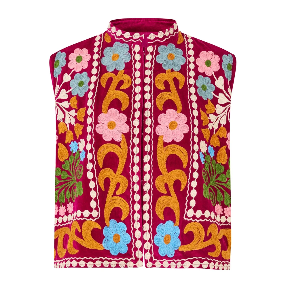 Lollys Laundry Bloemen Geborduurd Fluweel Vest Roze Multicolor Dames