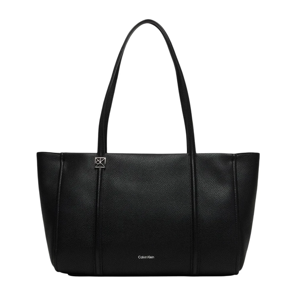 Calvin Klein Women's Black Shopping Bags, One Size, Emblem Logo Hardware Pebble Tote