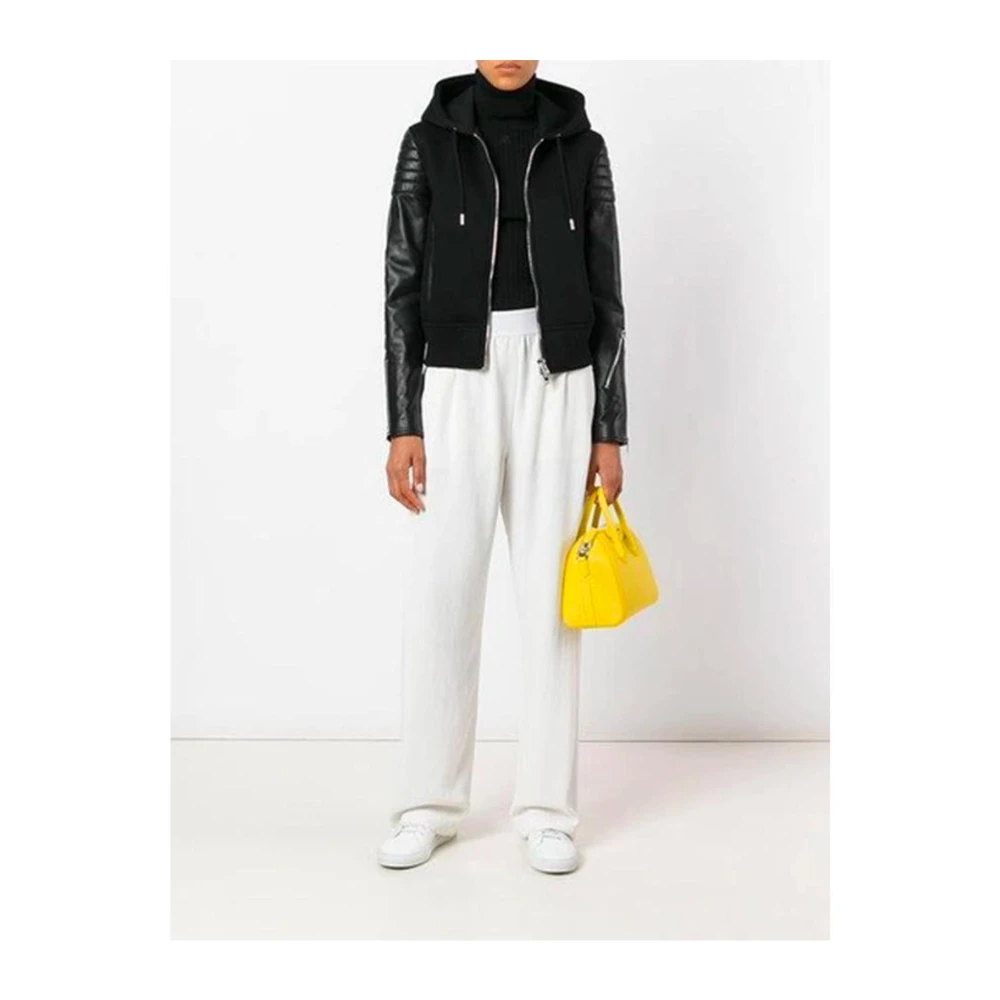 Givenchy Zwarte Hooded Jas met Lamshuid Inzetstukken Black Dames