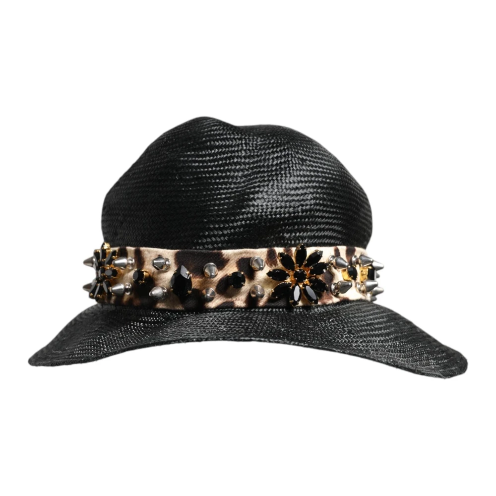 Dolce & Gabbana Men's Black Straw Crystal Embellished Wide Brim Hat - Accessories - One Size - Accessories