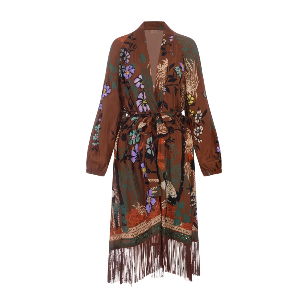 Anjuna Brun Kimono-Stil Midi Klänning med Fransar Multicolor, Dam