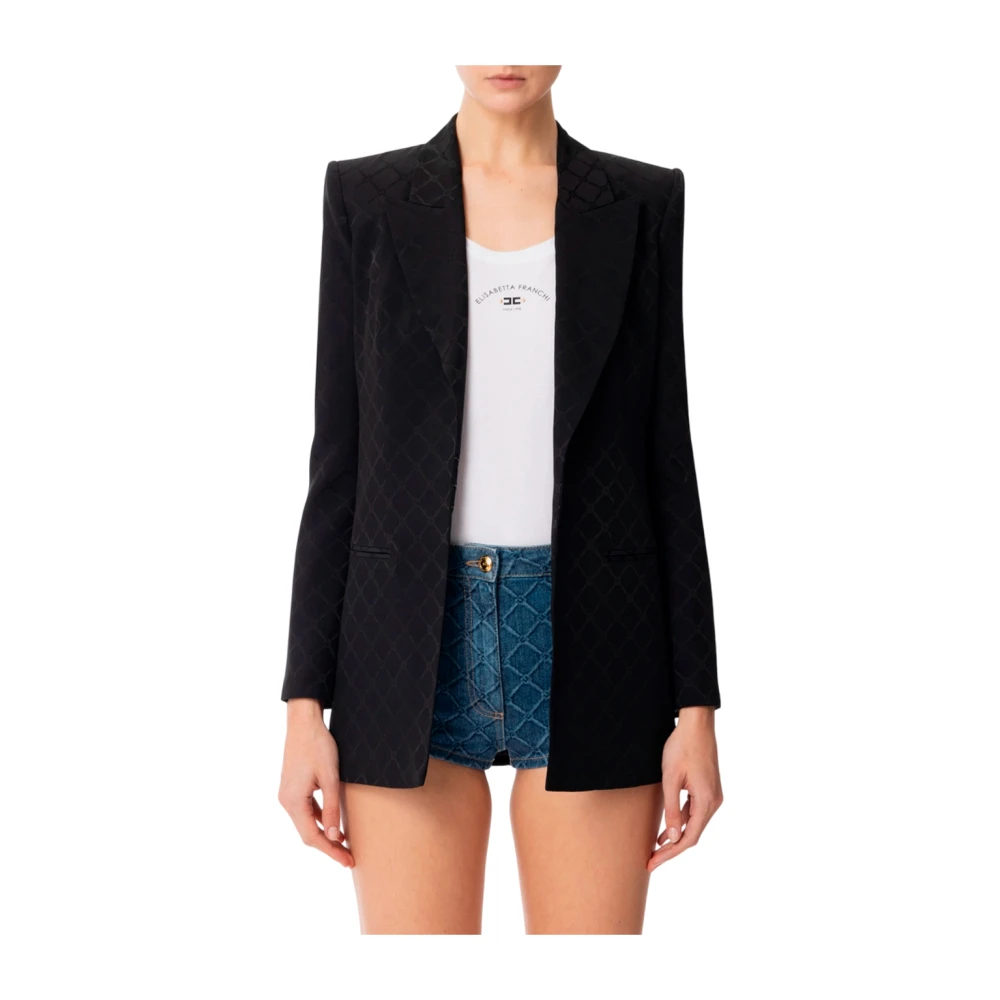Elisabetta Franchi Gestructureerde satijnen blazer met jacquardmotief Black Dames