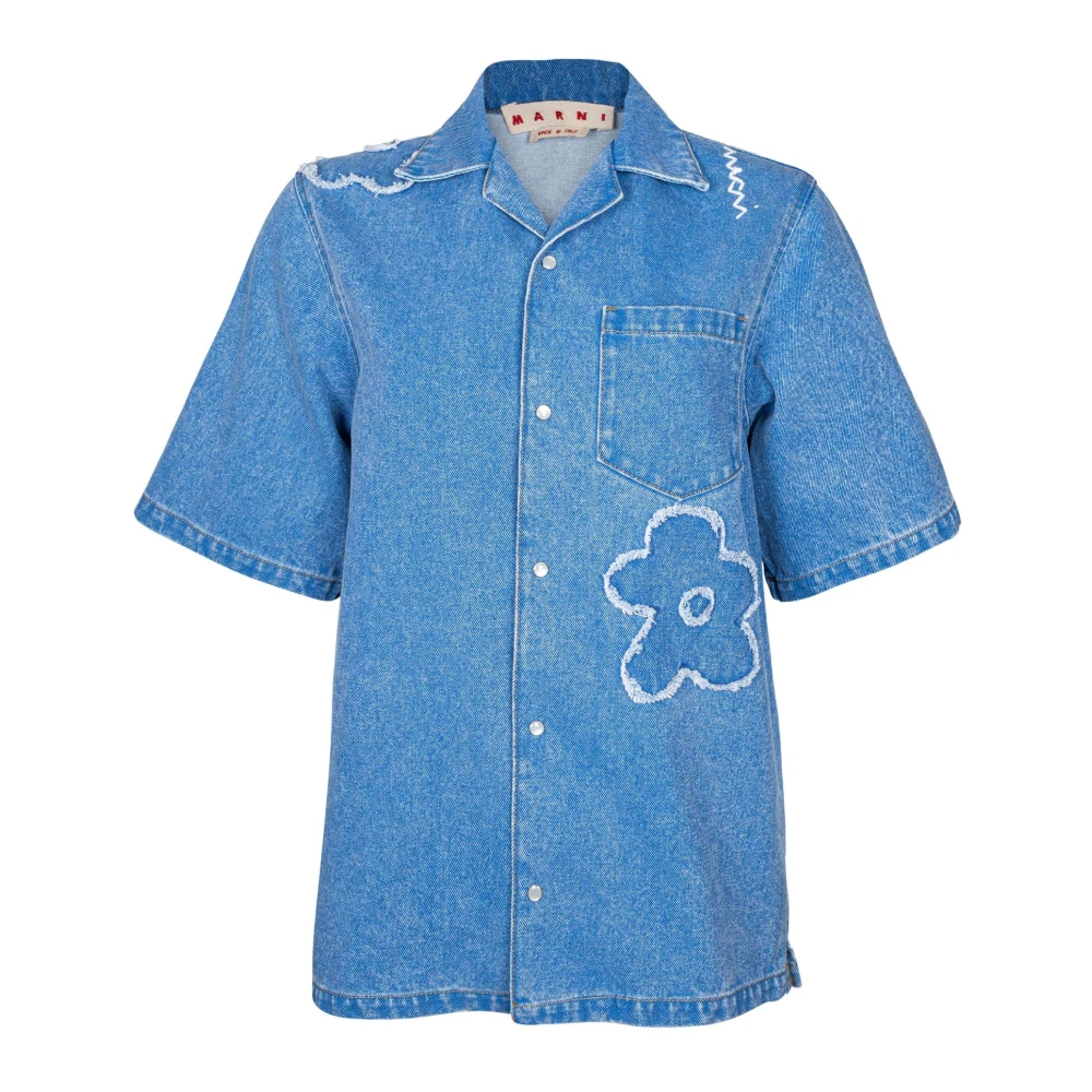 Marni Blauwe Denim Shirt Ruwe Snede Bloem Blue Dames