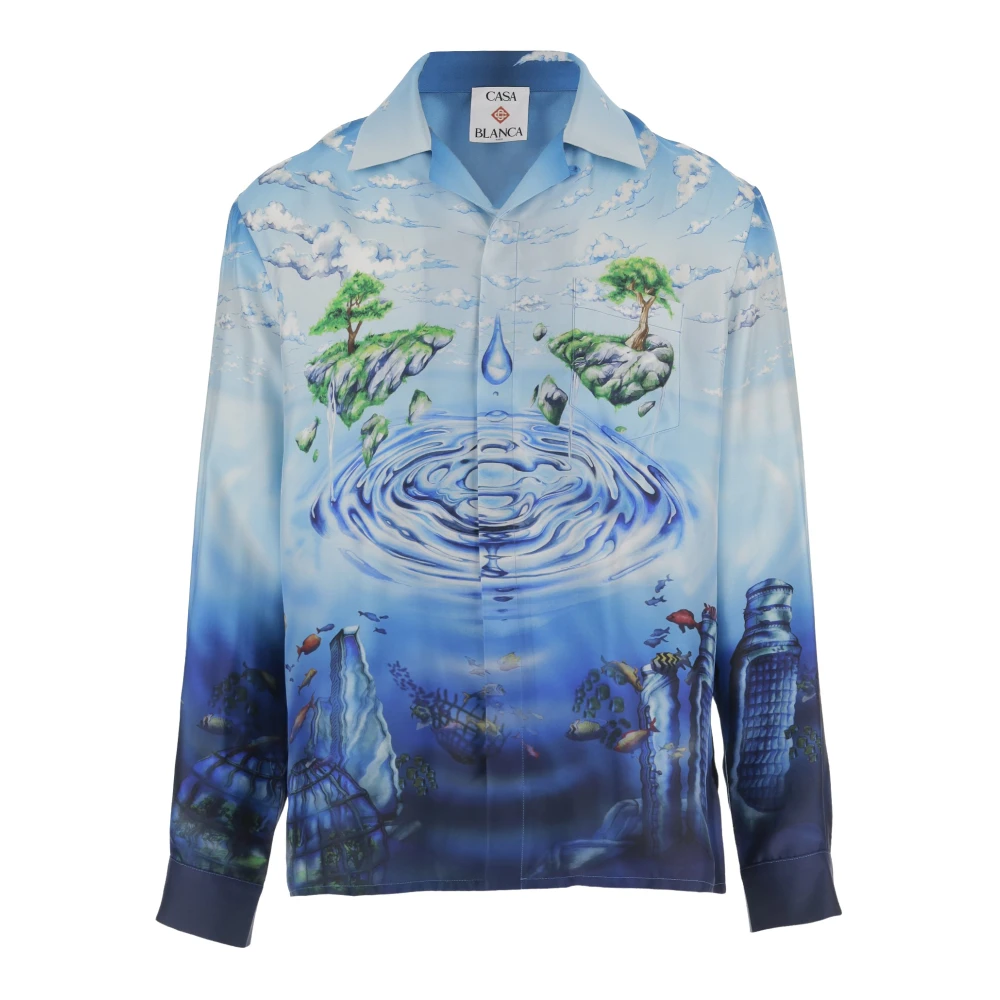 Casablanca Mannelijk Blauw Overhemden Heren, S, Zijden Overhemd Met Grafische Print