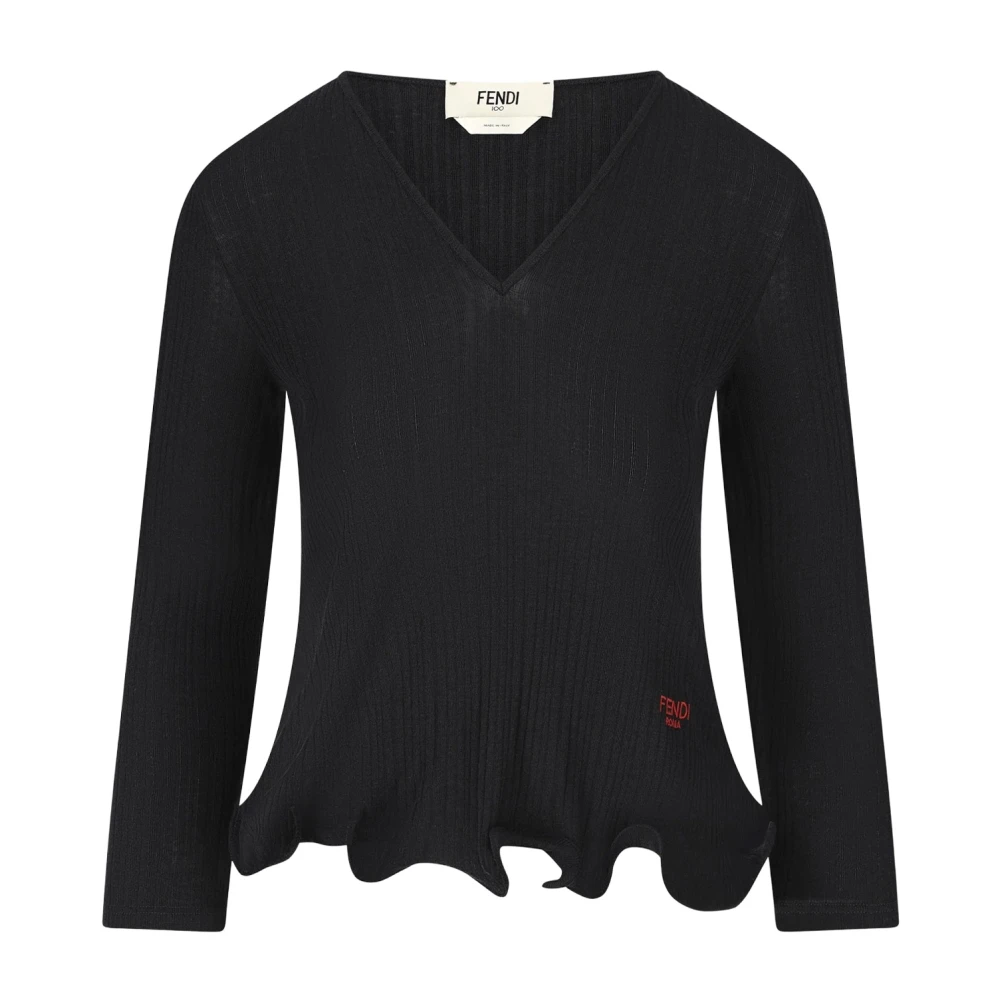 Fendi Women's Black Ruffled Jumper - V-Neck Knitwear - Xs - Knitwear