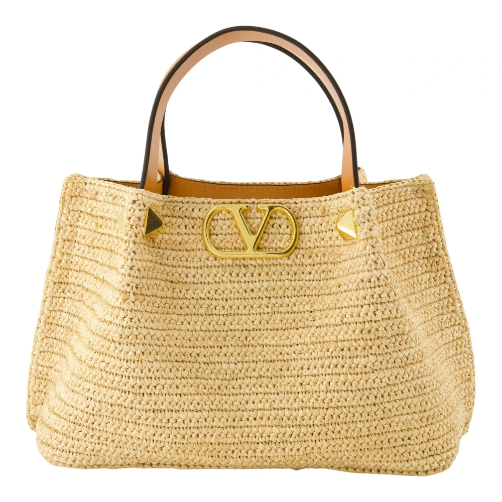 Valentino Garavani Women's Beige Shopping Bags, One Size, Vlogo Raffia Tote