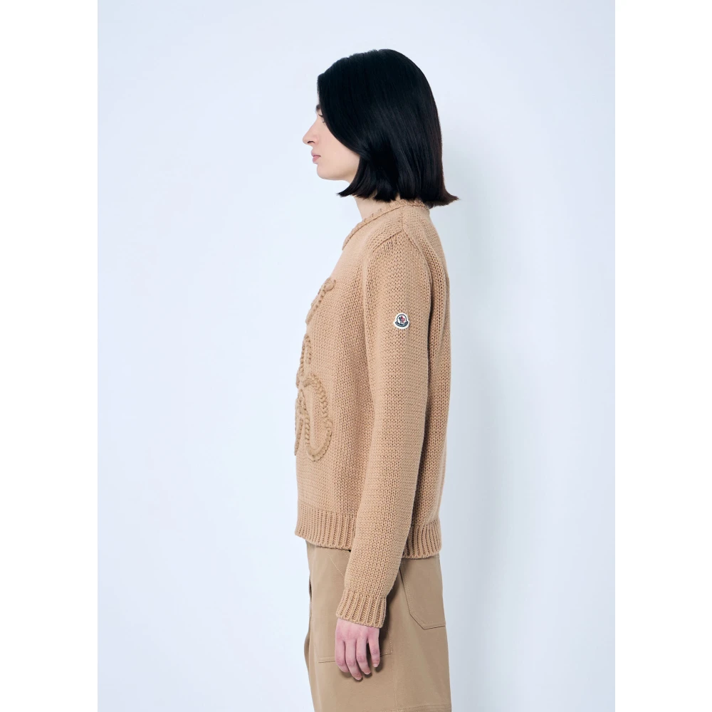 Moncler Geborduurde Logo Katoenen Gebreide Trui Beige Dames