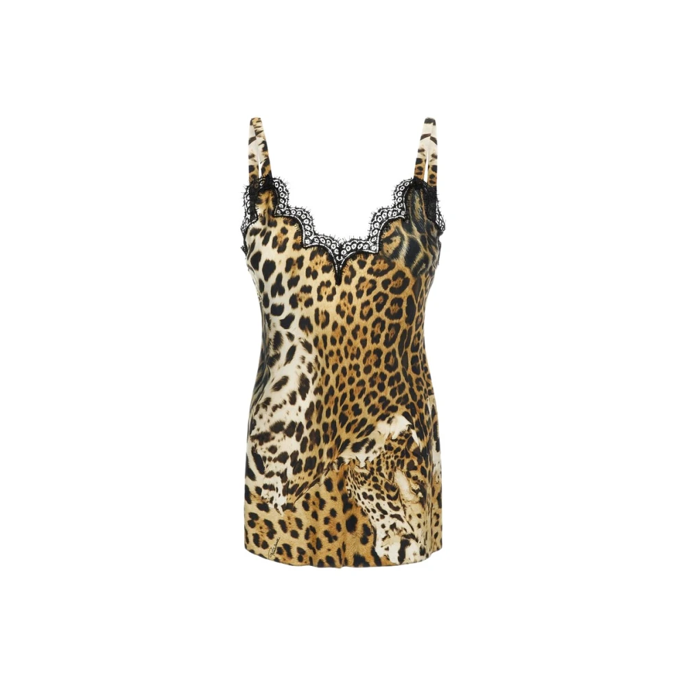 Roberto Cavalli Leopard Print Lace-Trim Slip Dress - Female - Sleeveless Tops - Brown - L - Tops