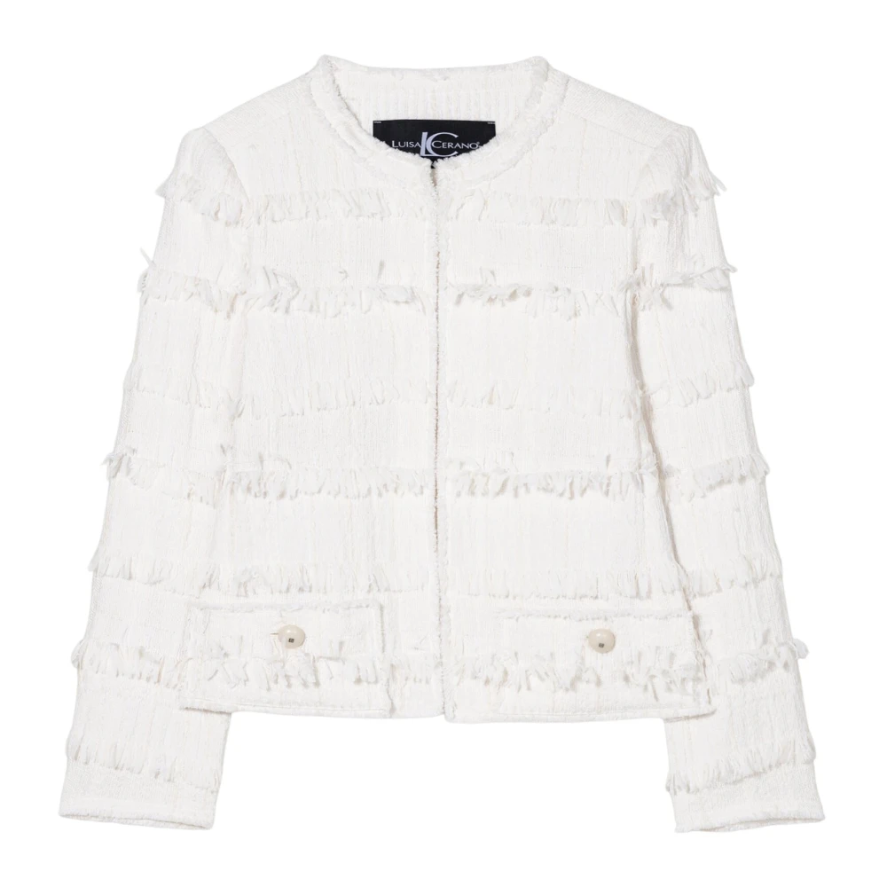Luisa Cerano Women's White Fancy Tweed Jacket With Fringes