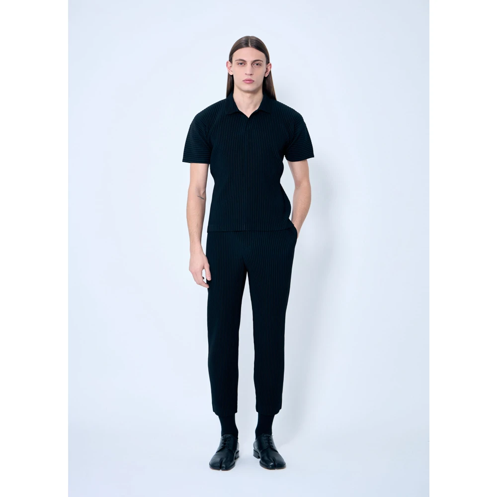 Issey Miyake Geplooide Polo Top Korte Mouw Ronde Hals Black Heren