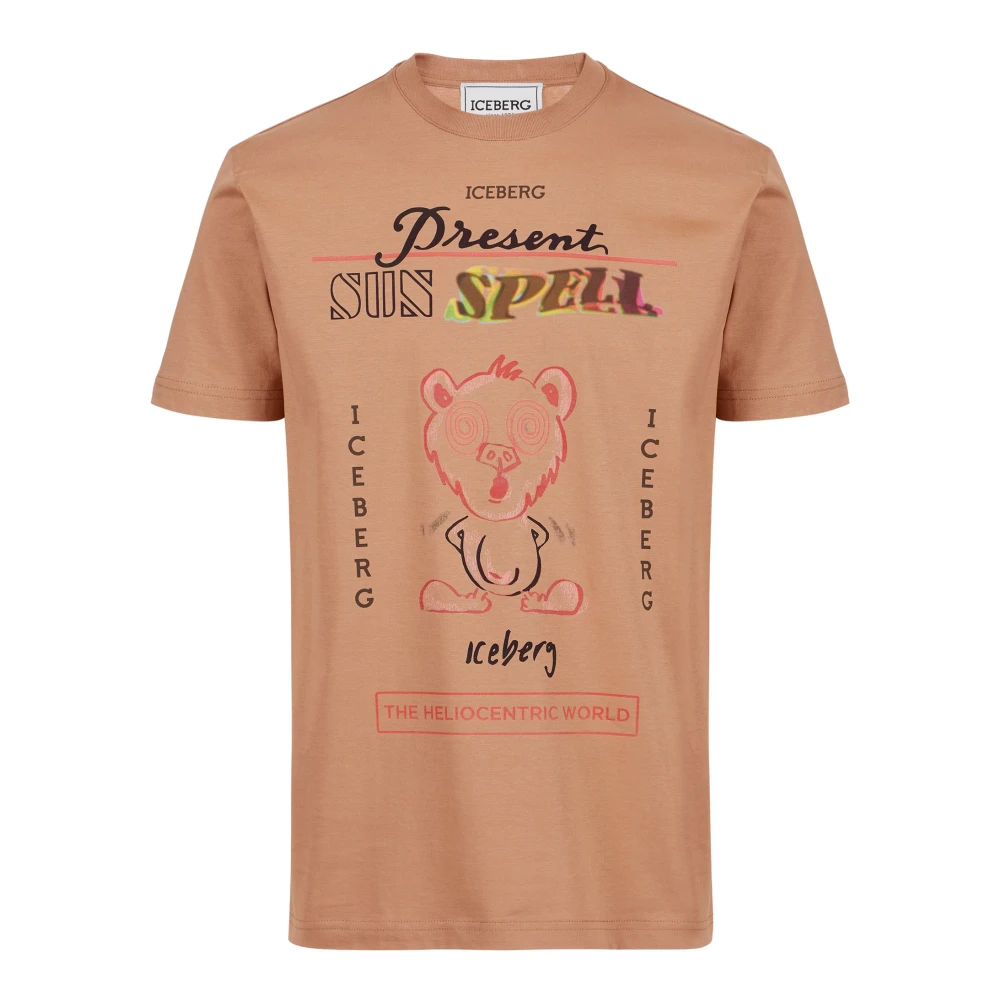 Iceberg Regular fit coccio gekleurde katoenen T-shirt met maxi multicolor Bear print Brown Heren