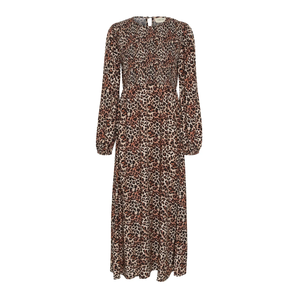 Cream Luipaardmix Jurk met Smock Paneel Brown Dames