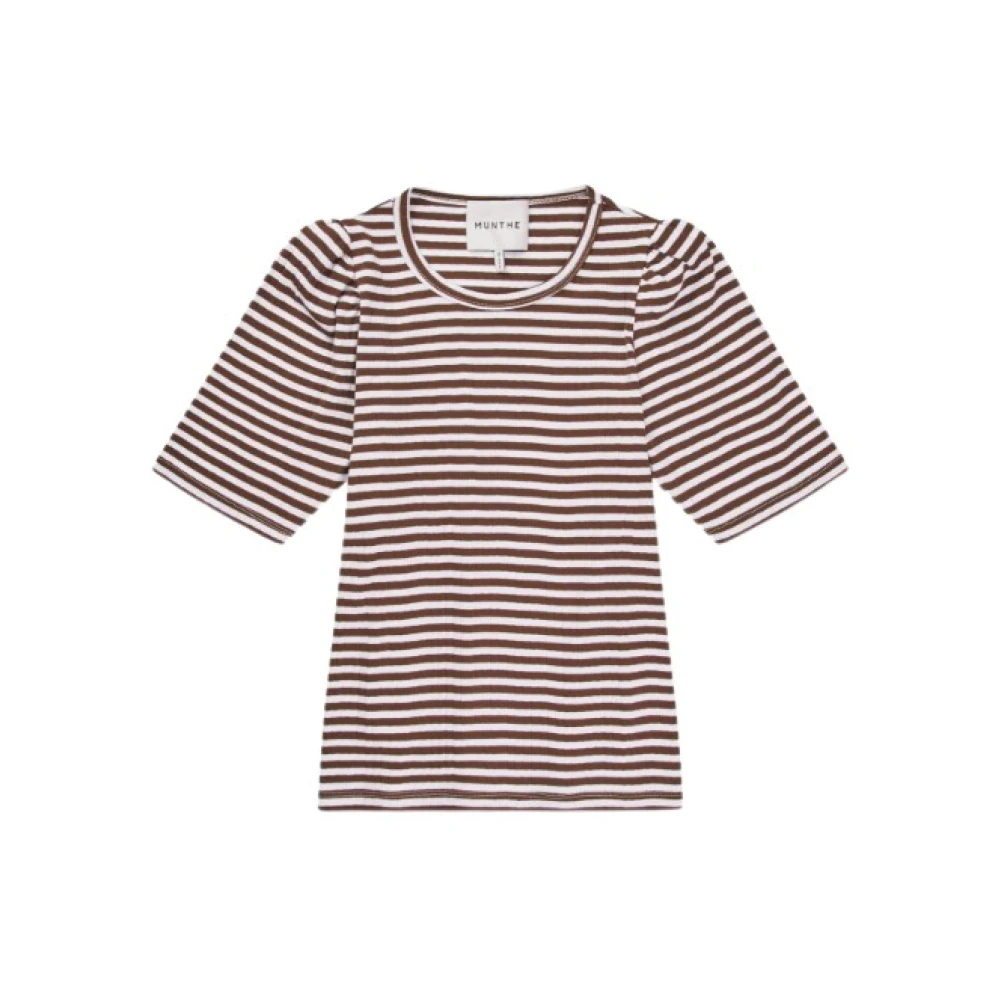 Munthe Gestreept Biologisch Katoenen T-shirt met Vrouwelijk Pufferdetail Brown Dames