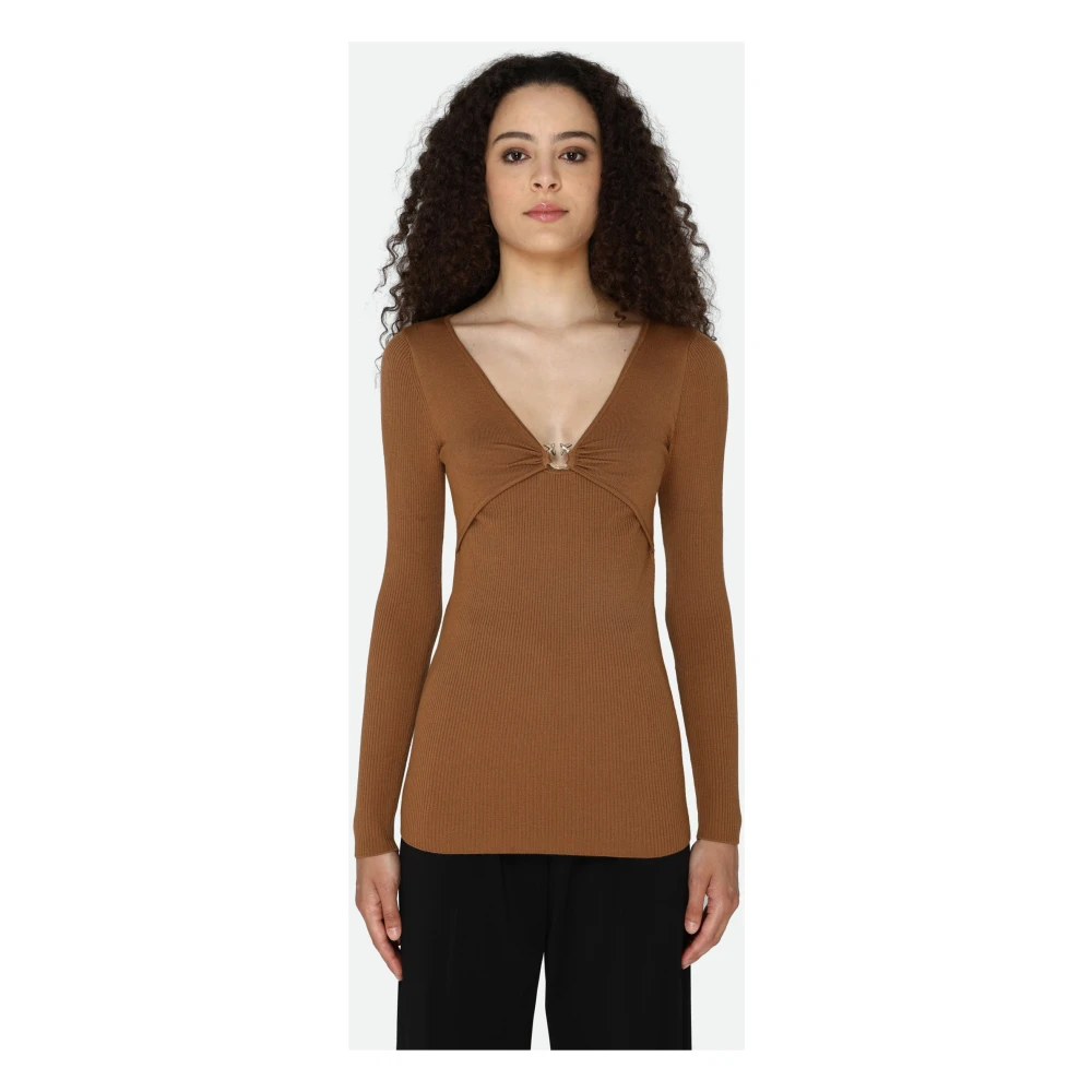 pinko Bruine V-Hals Ribtrui Brown Dames