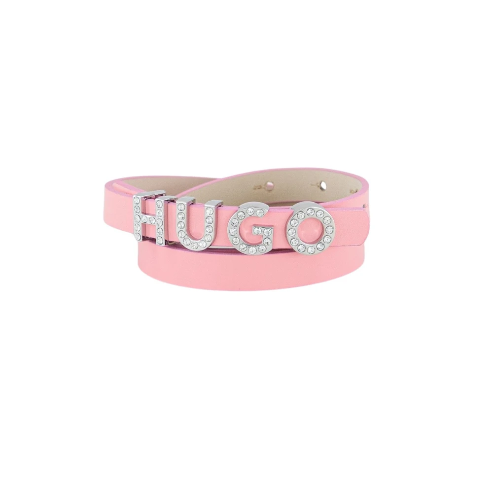 Hugo Boss Zula Italiaanse Leren Riem met Logo Gesp en Kristal Detail Pink Dames