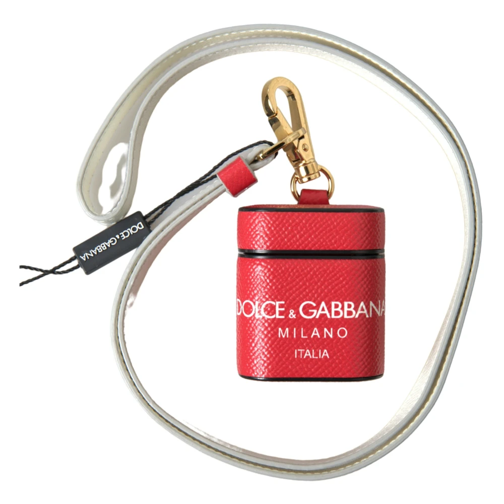 Dolce & Gabbana Rood Leren Airpods Hoesje met Goudkleurig Metalen Logo Print Red Dames
