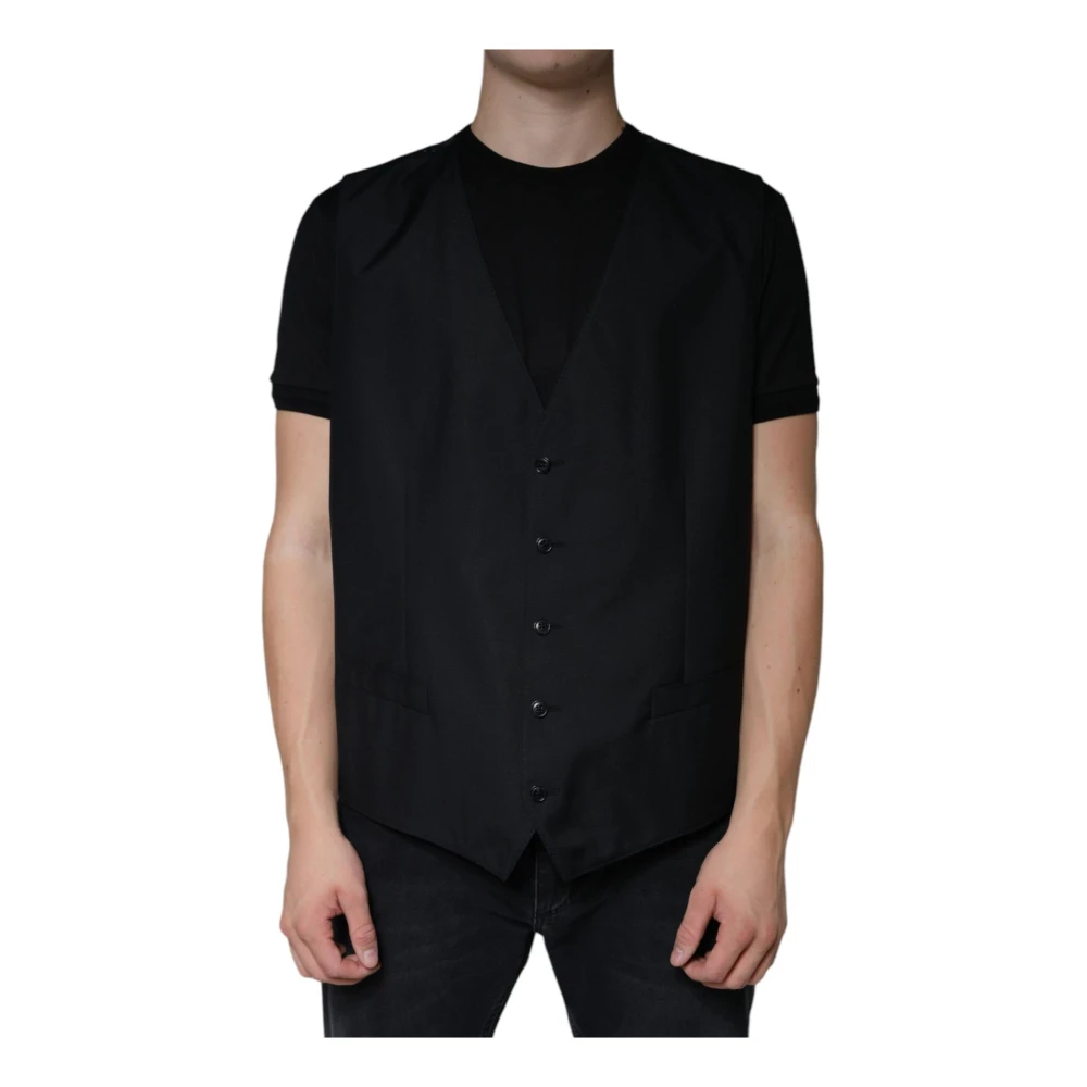 Dolce & Gabbana Men's Black Waistcoats, 3XL, Wool Waistcoat Dress Vest
