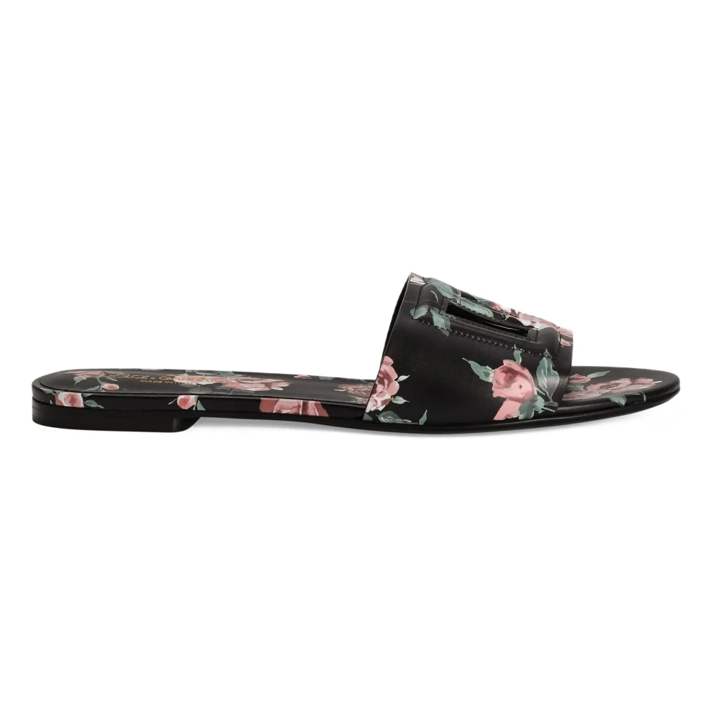 Dolce & Gabbana Women's Multicolor Sliders, 6 Uk, Calfskin Flat Slippers With Rose Print