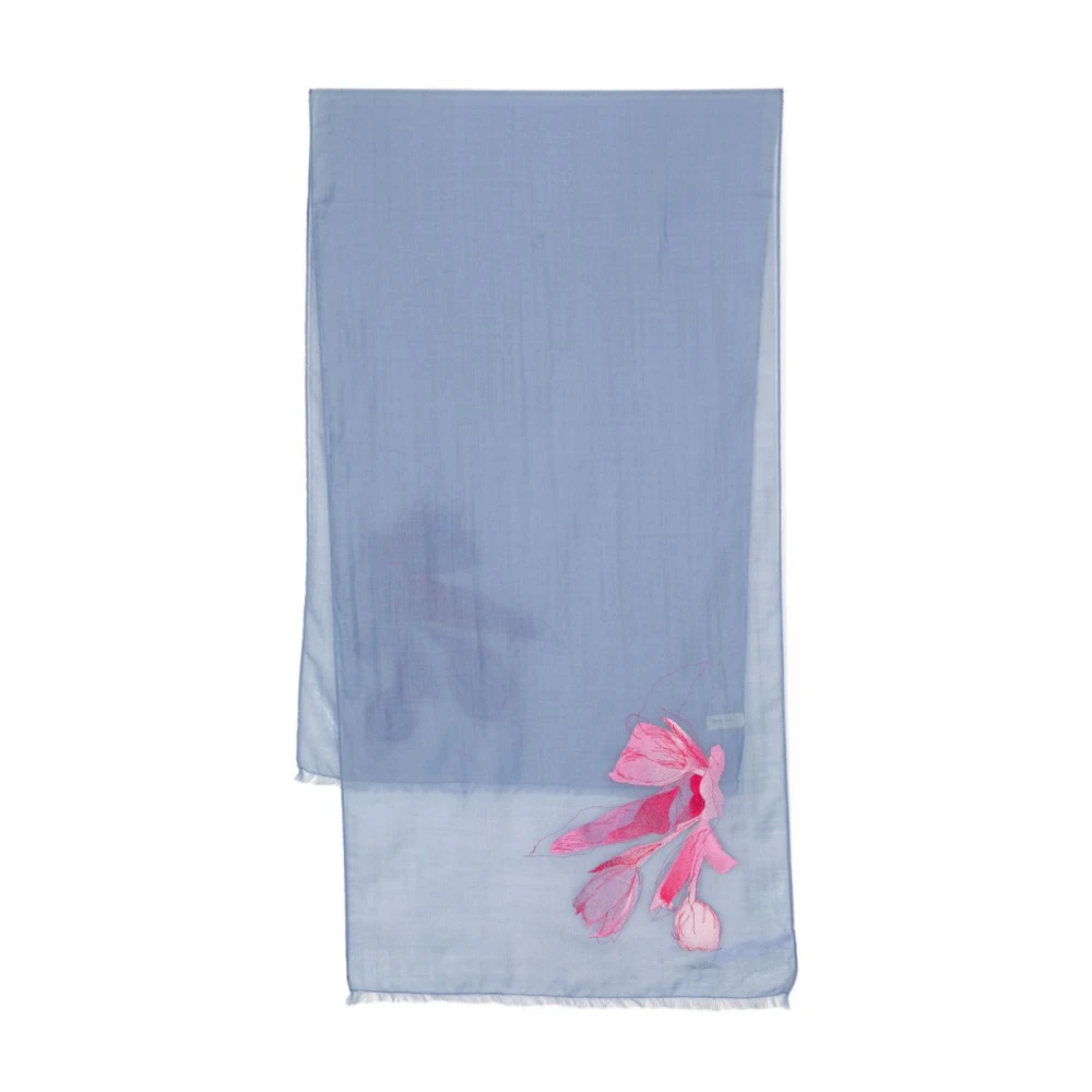 Paul Smith Blauw Roze Wol Sjaal met Bloemenborduursel Blue Dames