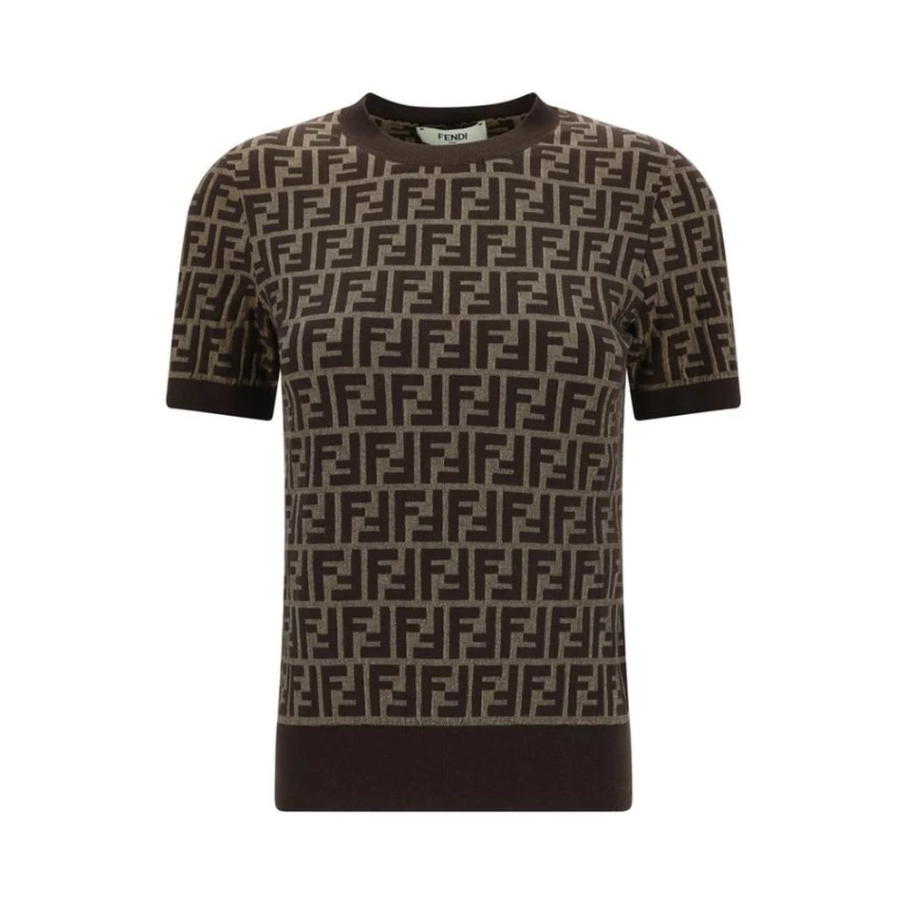Fendi Logo Jacquard Katoenen T-shirt met korte mouwen Brown Dames
