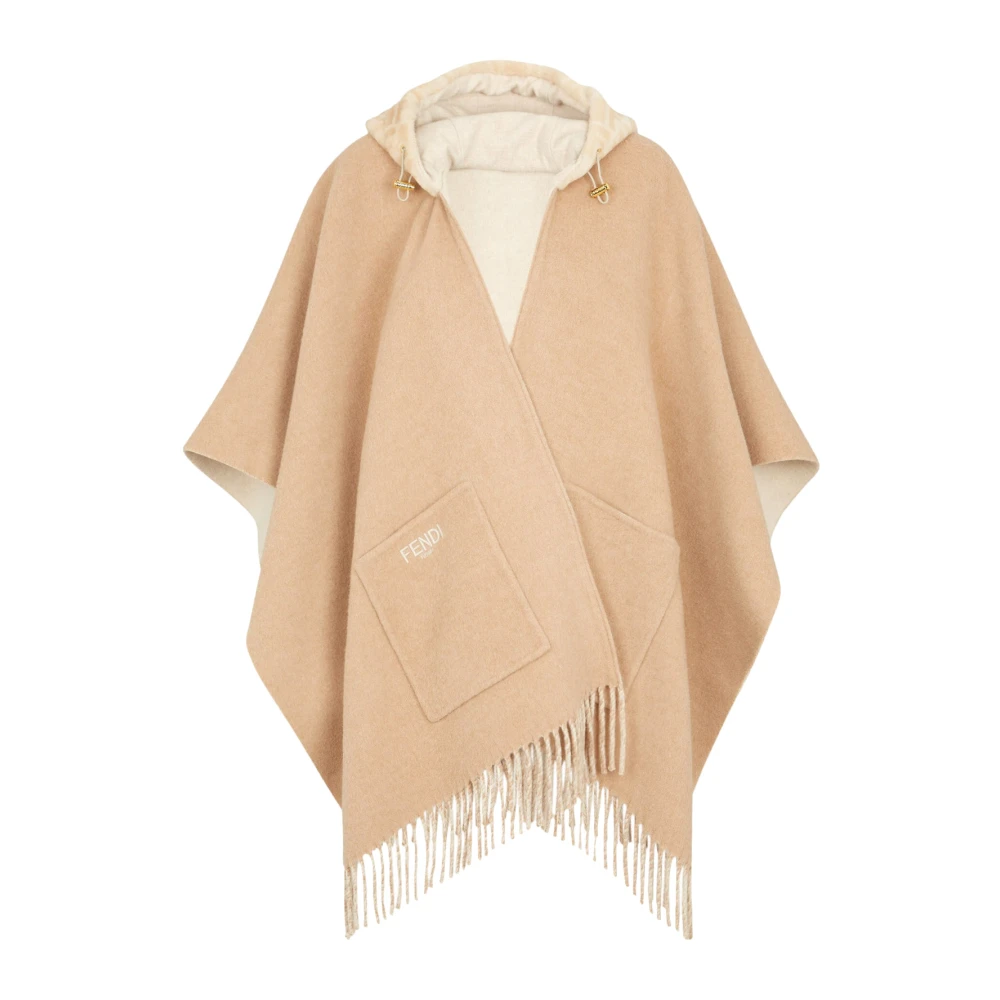 Fendi Luxe Shearling Hooded Poncho Beige Dames