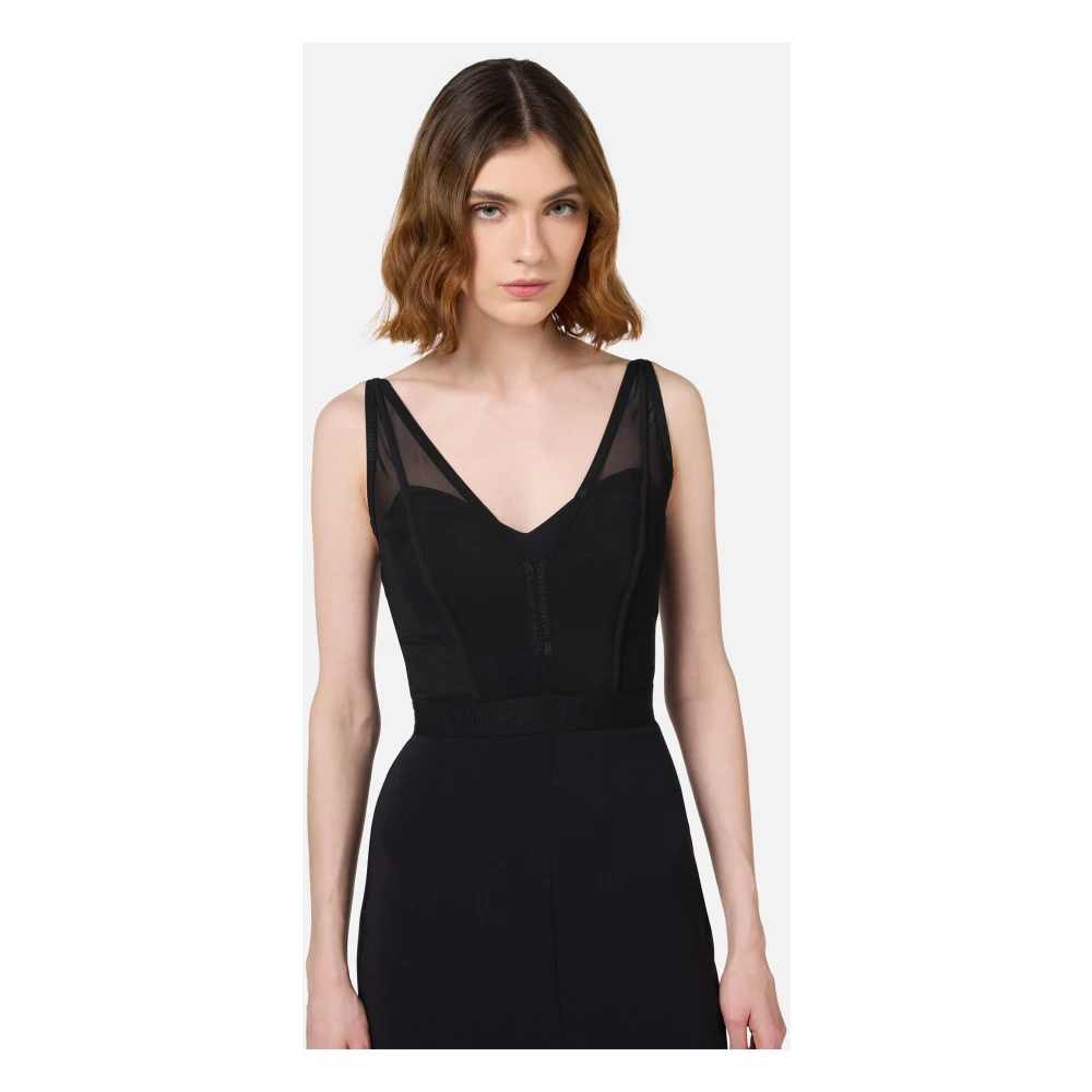 Elisabetta Franchi Zwarte Midi Jurk met Stretch Tule Black Dames