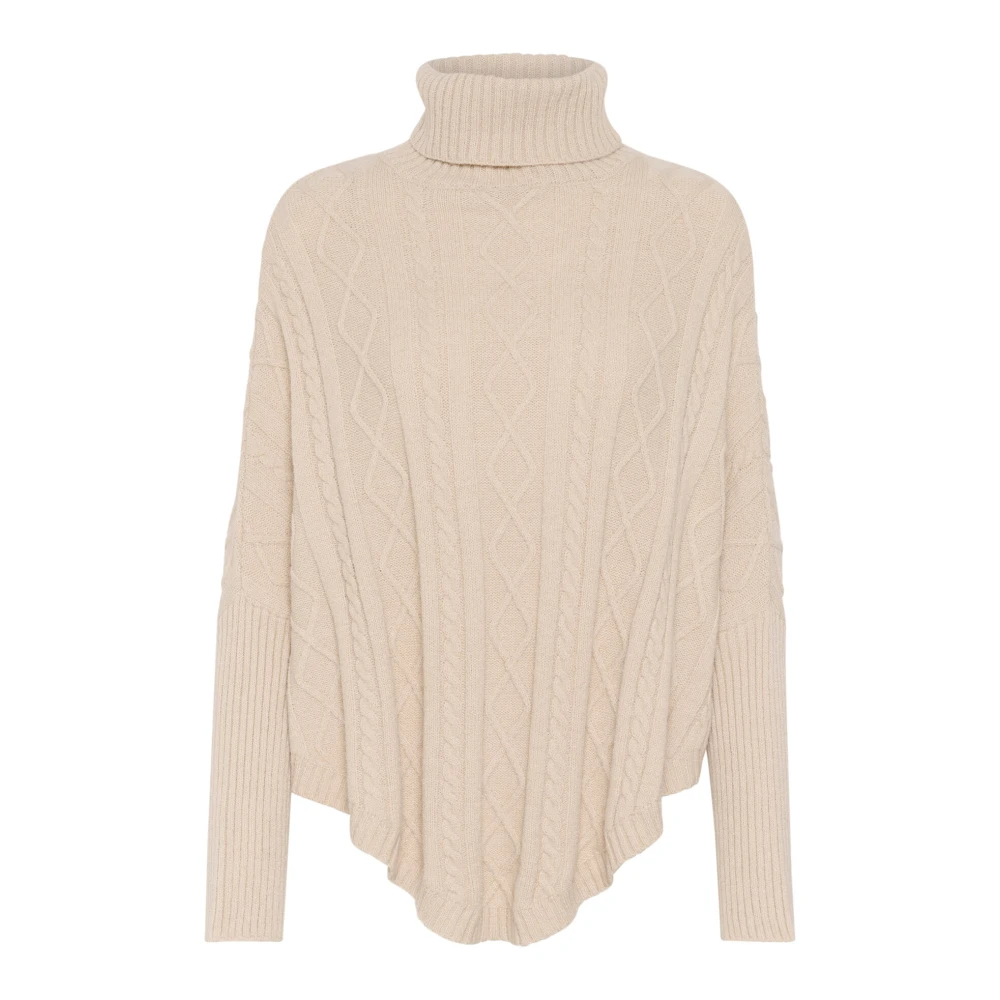 Cream Stickad Poncho med Rullkrage Mönster Beige, Dam