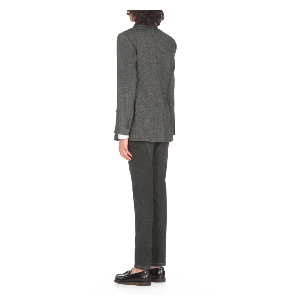 BRUNELLO CUCINELLI Grijze Wol Dubbel-Borst Jas Herringbone Gray Dames
