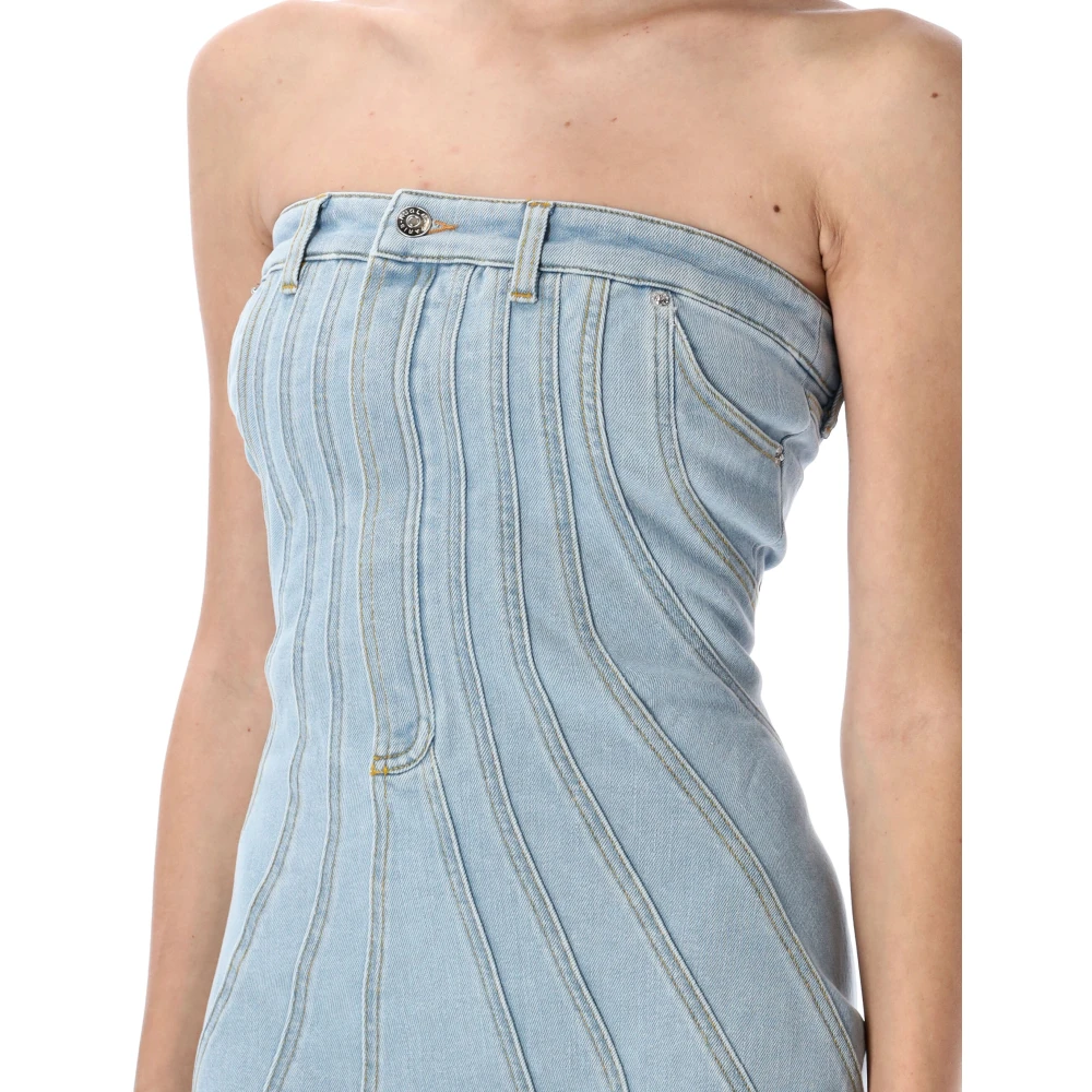Mugler Blauwe Spiral Denim Bustier Jurk Blue Dames
