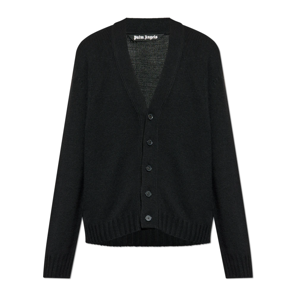Palm Angels Mannelijk Zwart Truien & Vesten Heren, Xl, Wol, Curved Logo Cardigan