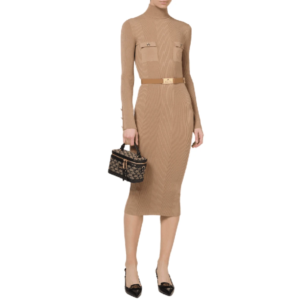 Elisabetta Franchi Kameel Gebreide Midi Jurk met Hoge Hals Brown Dames