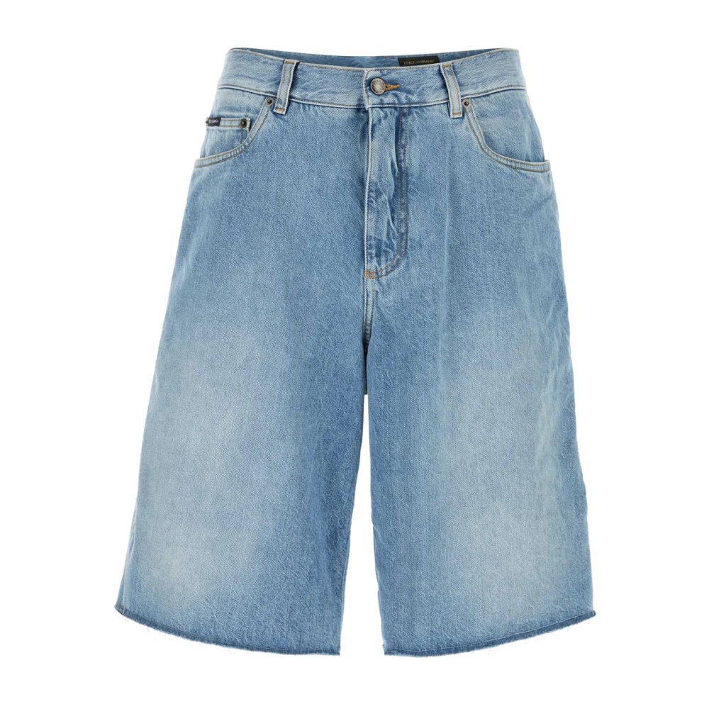 Dolce & Gabbana Mannelijk Blauw Korte Broeken Heren, Xl, Denim, Raw-Cut Logo Denim Shorts