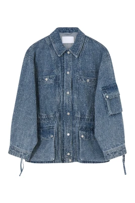 Texturerad jeansjacka med dragkedja och tryckknappar