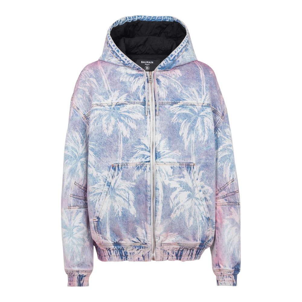 Balmain Denim Hooded Bomber Jacket met Palmboomprint Multicolor Heren