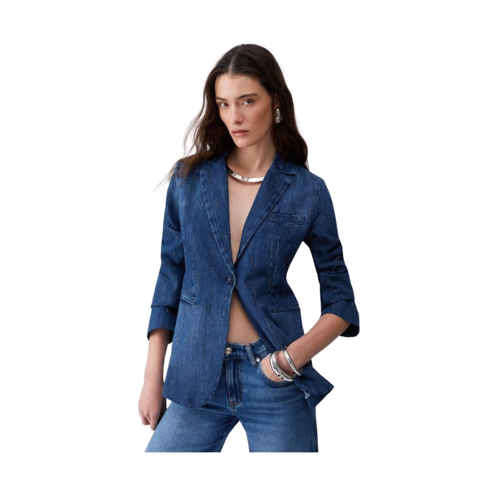 Liu Jo Women's Blue Blazers, S, Denim Blazer With Rhinestones